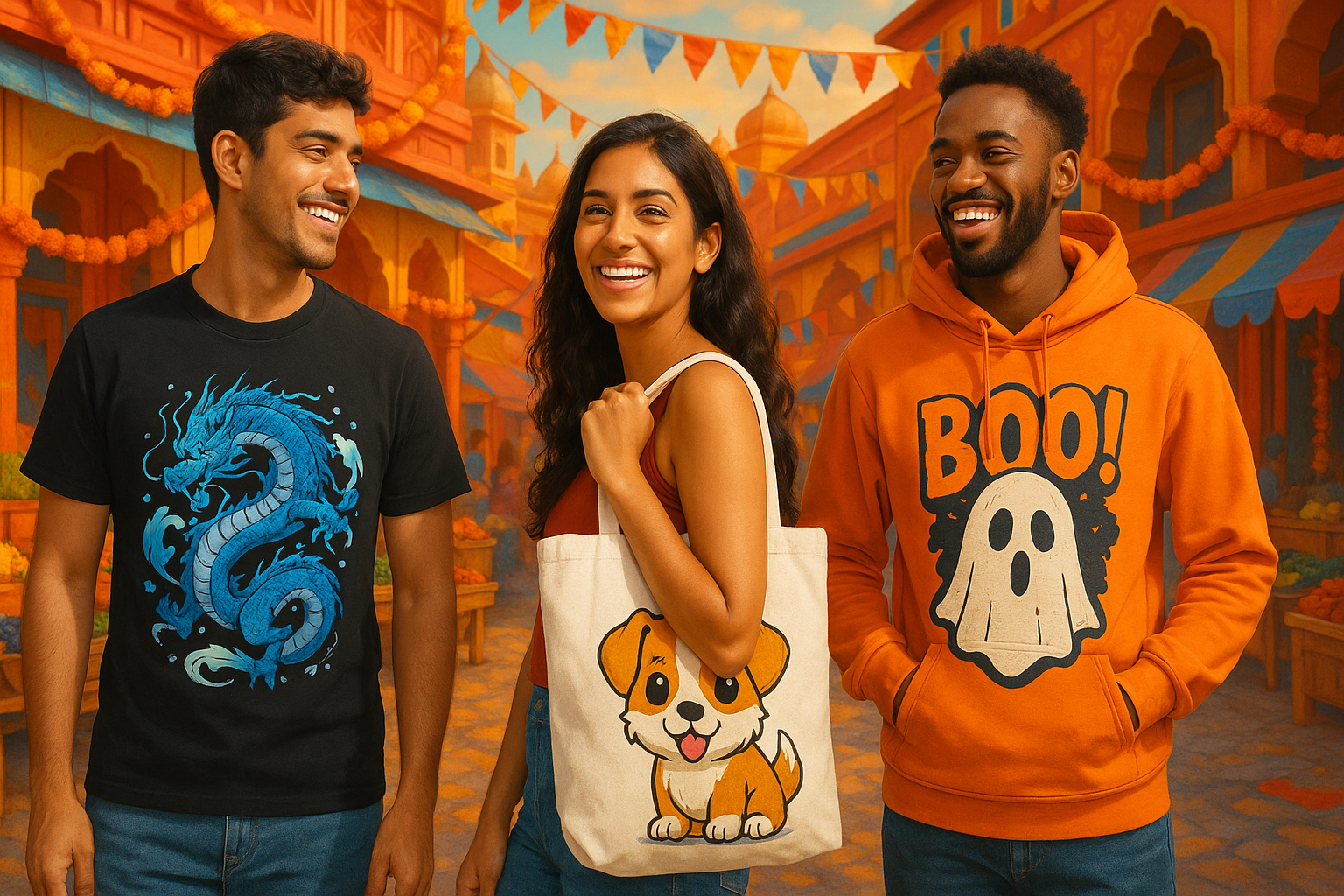 banner design with real people, wearing black t-shirt with blue dragon anime print, person carrying white tote bag with cute puppy illustration, person in hoodie with spooky ghost and orange text. Style matches colorful, vibrant web banner with Indian vibe, similar to reference. Show humans displaying the user's custom t-shirt, hoodie, and tote bag designs in a lively, attractive setting.
