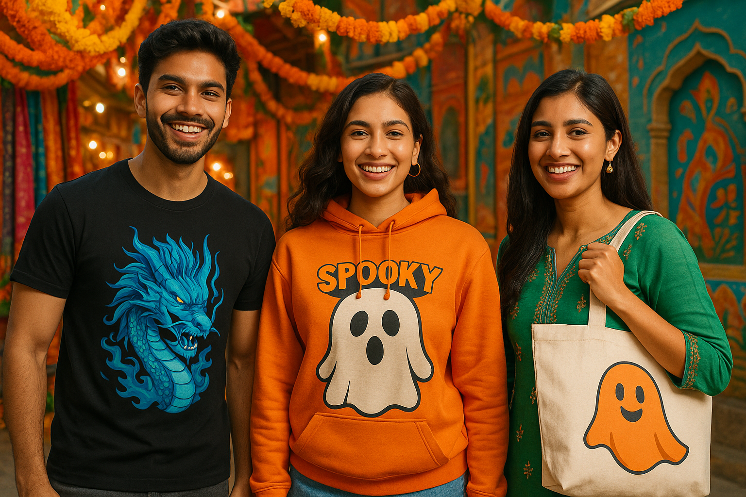 banner design with real people, wearing black t-shirt with blue dragon anime print,  person in hoodie with spooky ghost and orange text. Style matches colorful, vibrant web banner with Indian vibe. Show humans displaying the user's custom t-shirt, hoodie, and tote bag designs in a lively, attractive setting.
v